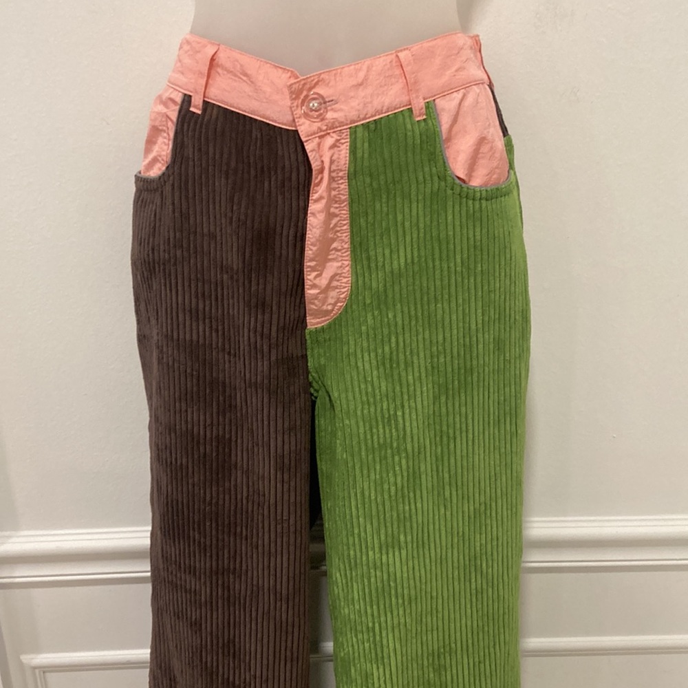 Somewhere Nowhere Brown & Green Corduroy Pants with Pink Trim S/M - Picture 2 of 7